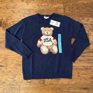 Mighty Fine USA Teddy Bear Navy Blue Crewneck Sweater Large 24VLIN00979B-001 NEW